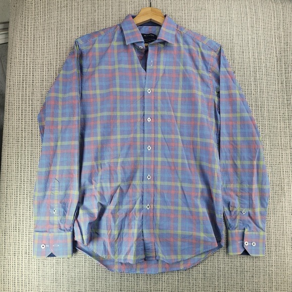 Bugatchi Shirt Mens Medium Blue Plaid Shaped Fit Long Sleeve Button Down Casual - Picture 1 of 7